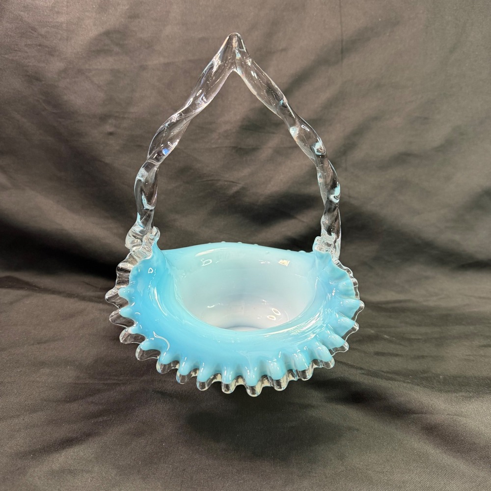 Vintage Fenton Glass Basket Blue Cased Overlay Silver Jamestown Ruffled Twisted